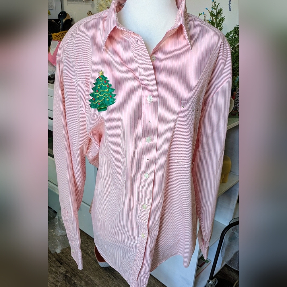 Lucky Brand Red Striped Shirt with Christmas Tree Embroidery